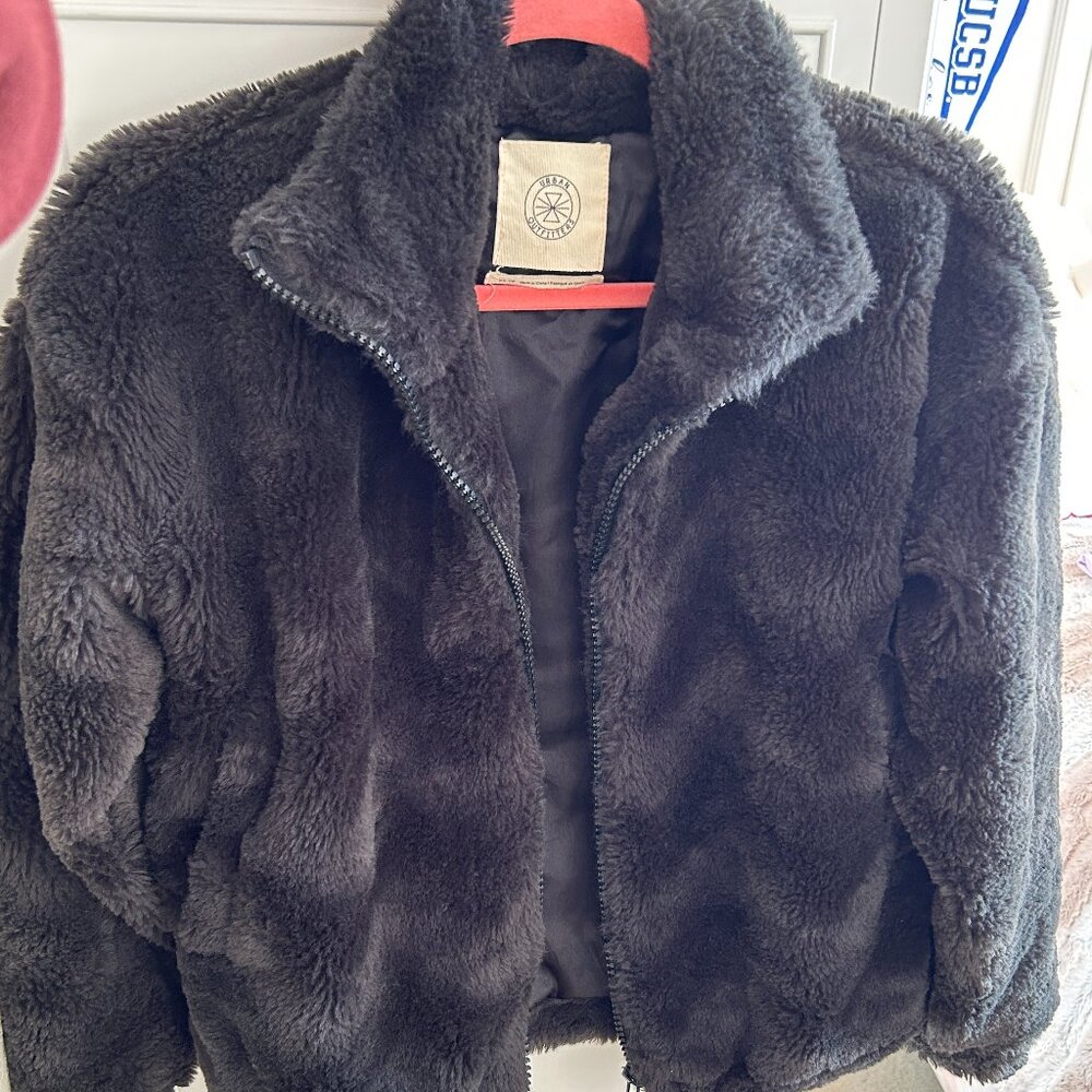 Urban Outfitters Black Fluffy Jacket with Zigzag Pattern